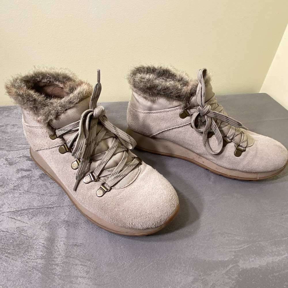 Baretraps Grazi Taupe Suede Faux Fur Ankle Boots Memory Foam Womens 7.5 M